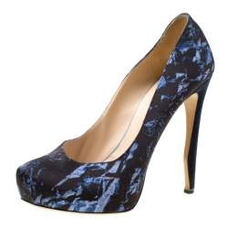 Nicholas Kirkwood Black/Blue Printed Satin Platform Pumps Size 38.5
