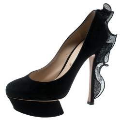 Nicholas Kirkwood Black Suede Ruffle Trimmed Platform Pumps Size 37.5