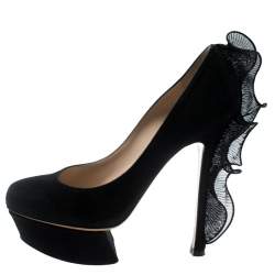 Nicholas Kirkwood Black Suede Ruffle Trimmed Platform Pumps Size 37.5