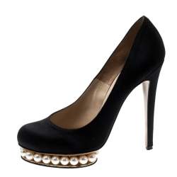 Pre Owned Nicholas Kirkwood Black Satin Casati Faux Pearl Platform Pumps Size 39