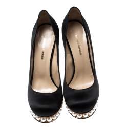 Pre Owned Nicholas Kirkwood Black Satin Casati Faux Pearl Platform Pumps Size 39