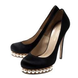 Pre Owned Nicholas Kirkwood Black Satin Casati Faux Pearl Platform Pumps Size 39