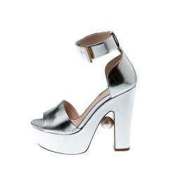 Pre Owned Nicholas Kirkwood Metallic Silver Leather Pearl Embellished Ankle Cuff Platform Sandals Size 36