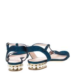 Pre Owned Nicholas Kirkwood Blue/Black Glitter Fabric T-Strap Casati Pearl Sandals Size 38