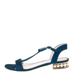 Pre Owned Nicholas Kirkwood Blue/Black Glitter Fabric T-Strap Casati Pearl Sandals Size 38