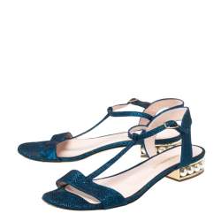 Pre Owned Nicholas Kirkwood Blue/Black Glitter Fabric T-Strap Casati Pearl Sandals Size 38