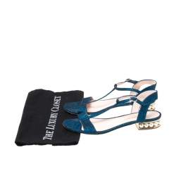Pre Owned Nicholas Kirkwood Blue/Black Glitter Fabric T-Strap Casati Pearl Sandals Size 38