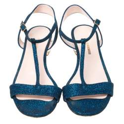 Pre Owned Nicholas Kirkwood Blue/Black Glitter Fabric T-Strap Casati Pearl Sandals Size 38