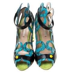 Nicholas Kirkwood Multicolor Laser Cut Python Embossed and Leather Mirror Block Heels Sandals Size 39