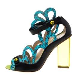 Nicholas Kirkwood Multicolor Laser Cut Python Embossed and Leather Mirror Block Heels Sandals Size 39