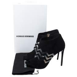 Nicholas Kirkwood Black Suede And PVC Chevron Peep Toe Ankle Booties Size 40