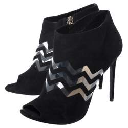 Nicholas Kirkwood Black Suede And PVC Chevron Peep Toe Ankle Booties Size 40