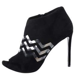 Nicholas Kirkwood Black Suede And PVC Chevron Peep Toe Ankle Booties Size 40