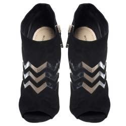 Nicholas Kirkwood Black Suede And PVC Chevron Peep Toe Ankle Booties Size 40