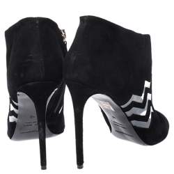 Nicholas Kirkwood Black Suede And PVC Chevron Peep Toe Ankle Booties Size 40