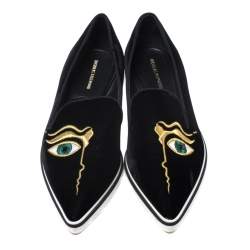 Pre Owned Nicholas Kirkwood Black Velvet Eye Motif Iris Loafers Size 38