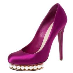 Pre Owned Nicholas Kirkwood Magenta Satin Casati Faux Pearl Platform Pumps Size 39
