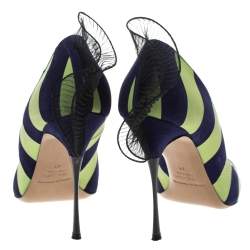 Nicholas Kirkwood Blue/Green Stripe Suede and Leather Ruffle Back Pointed Toe Pumps Size 41