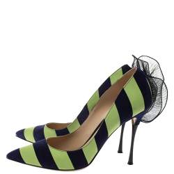 Nicholas Kirkwood Blue/Green Stripe Suede and Leather Ruffle Back Pointed Toe Pumps Size 41