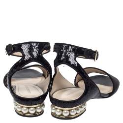 Pre Owned Nicholas Kirkwood Black Sequin Embellished Fabric Casati Pearl Ankle Strap Sandals Size 37.5
