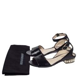 Pre Owned Nicholas Kirkwood Black Sequin Embellished Fabric Casati Pearl Ankle Strap Sandals Size 37.5