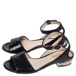 Pre Owned Nicholas Kirkwood Black Sequin Embellished Fabric Casati Pearl Ankle Strap Sandals Size 37.5