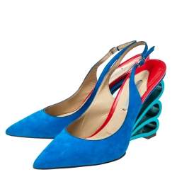 Pre Owned Nicholas Kirkwood Blue Suede 'Wave Heel' Pointed Toe Slingback Sandals Size 38