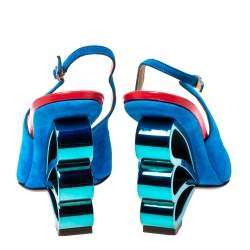 Pre Owned Nicholas Kirkwood Blue Suede 'Wave Heel' Pointed Toe Slingback Sandals Size 38