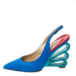 Pre Owned Nicholas Kirkwood Blue Suede 'Wave Heel' Pointed Toe Slingback Sandals Size 38
