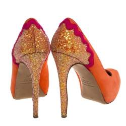 Nicholas Kirkwood Orange Suede And Coarse Glitter Heel Platform Pumps Size 38