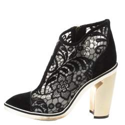 Nicholas Kirkwood Black Suede and Embroidered Mesh Block Heel Ankle Boots Size 36.5