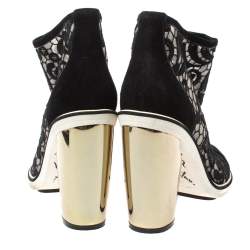 Nicholas Kirkwood Black Suede and Embroidered Mesh Block Heel Ankle Boots Size 36.5