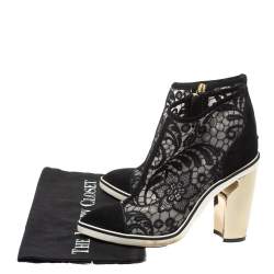 Nicholas Kirkwood Black Suede and Embroidered Mesh Block Heel Ankle Boots Size 36.5