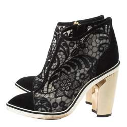 Nicholas Kirkwood Black Suede and Embroidered Mesh Block Heel Ankle Boots Size 36.5