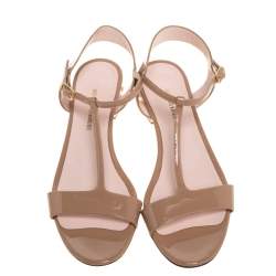 Pre Owned Nicholas Kirkwood Beige Patent Leather Casati Faux Pearl Embellished T Strap Sandals Size 38