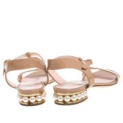 Pre Owned Nicholas Kirkwood Beige Patent Leather Casati Faux Pearl Embellished T Strap Sandals Size 38