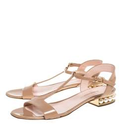Pre Owned Nicholas Kirkwood Beige Patent Leather Casati Faux Pearl Embellished T Strap Sandals Size 38