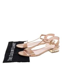 Pre Owned Nicholas Kirkwood Beige Patent Leather Casati Faux Pearl Embellished T Strap Sandals Size 38