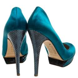 Nicholas Kirkwood Blue Satin And Python Leather Trim Heel Platform Pumps Size 38