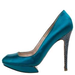 Nicholas Kirkwood Blue Satin And Python Leather Trim Heel Platform Pumps Size 38