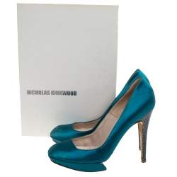 Nicholas Kirkwood Blue Satin And Python Leather Trim Heel Platform Pumps Size 38