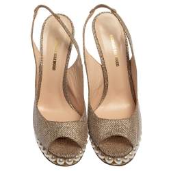 Nicholas Kirkwood Metallic Gold Glitter Fabric Pearl Embellished Platform Slingback Sandals Size 39