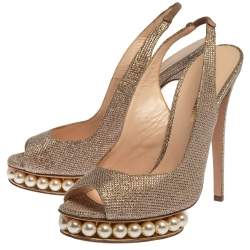 Nicholas Kirkwood Metallic Gold Glitter Fabric Pearl Embellished Platform Slingback Sandals Size 39