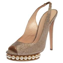 Nicholas Kirkwood Metallic Gold Glitter Fabric Pearl Embellished Platform Slingback Sandals Size 39