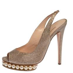 Nicholas Kirkwood Metallic Gold Glitter Fabric Pearl Embellished Platform Slingback Sandals Size 39