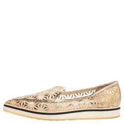 Pre Owned Nicholas Kirkwood Gold Laser Cut Mesh and Leather Alona Pointed Toe Loafers Size 37.5