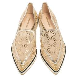 Pre Owned Nicholas Kirkwood Gold Laser Cut Mesh and Leather Alona Pointed Toe Loafers Size 37.5