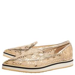 Pre Owned Nicholas Kirkwood Gold Laser Cut Mesh and Leather Alona Pointed Toe Loafers Size 37.5