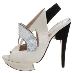 Nicholas Kirkwood Beige/Black Leather And Python Leather Slingback Platform Sandals Size 39.5