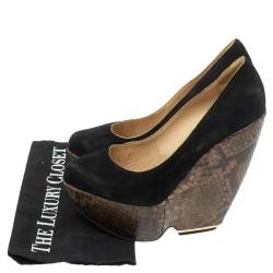 Nicholas Kirkwood Black Suede And Python Leather Wedge Platform Pumps Size 39.5